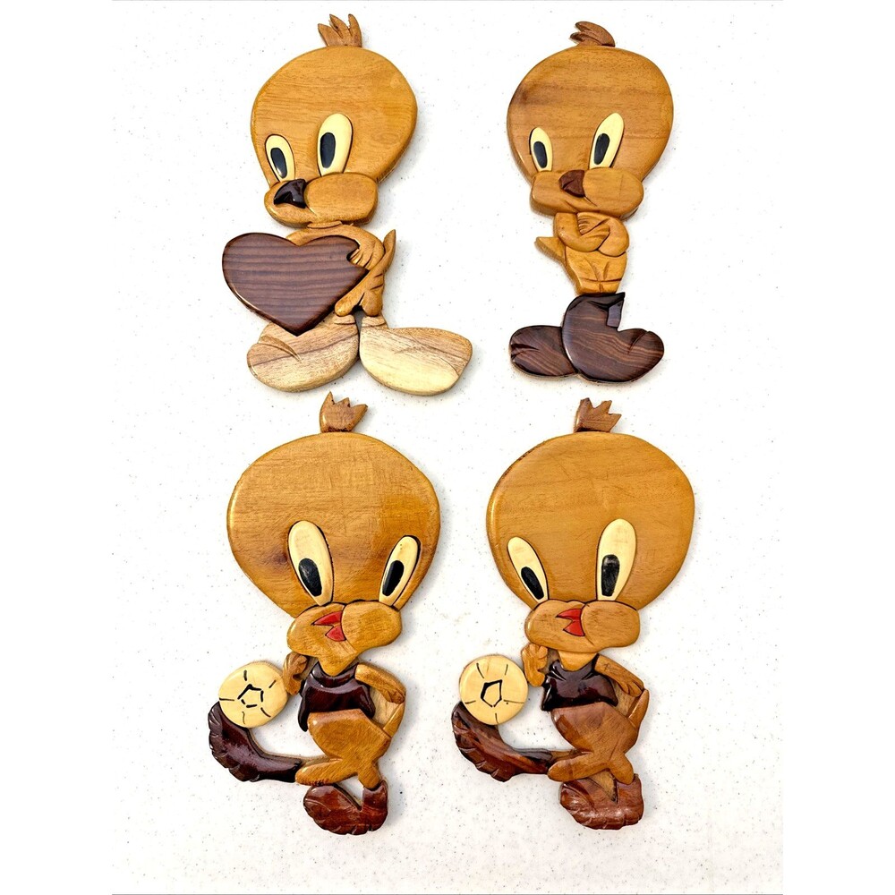 Vtg Tweety Bird Wooden Intarsia Holding a Heart 3D Wall Art Plaque Hanging Decor